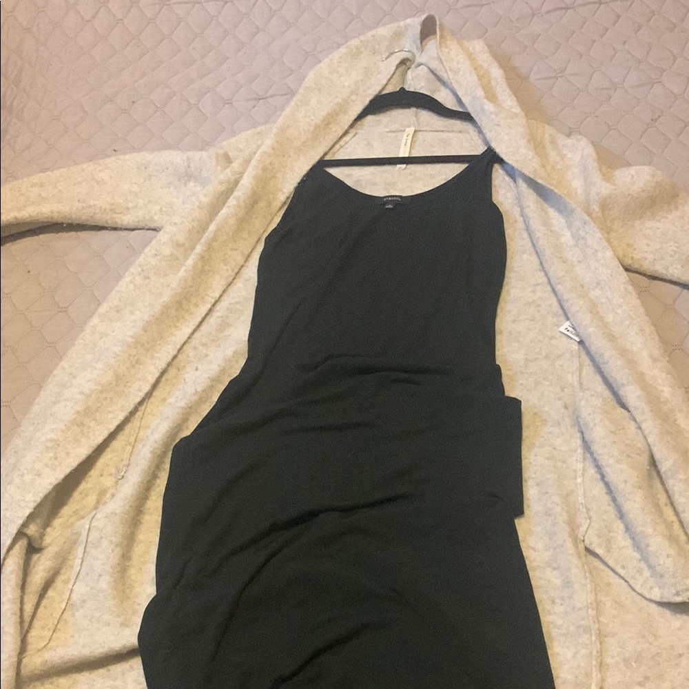 Babaton Black Dress with Gray Cardigan